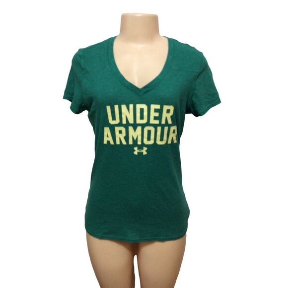 Under Armour Short Sleeve Top Medium Women Green Yellow Letters Cotton Polyester - Picture 1 of 3